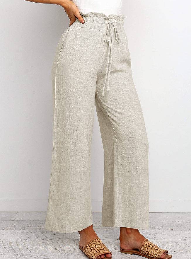 Elastic Waistband Lace-up Wide Leg Pants Solid Color Cropped Pants - Clothing Personality