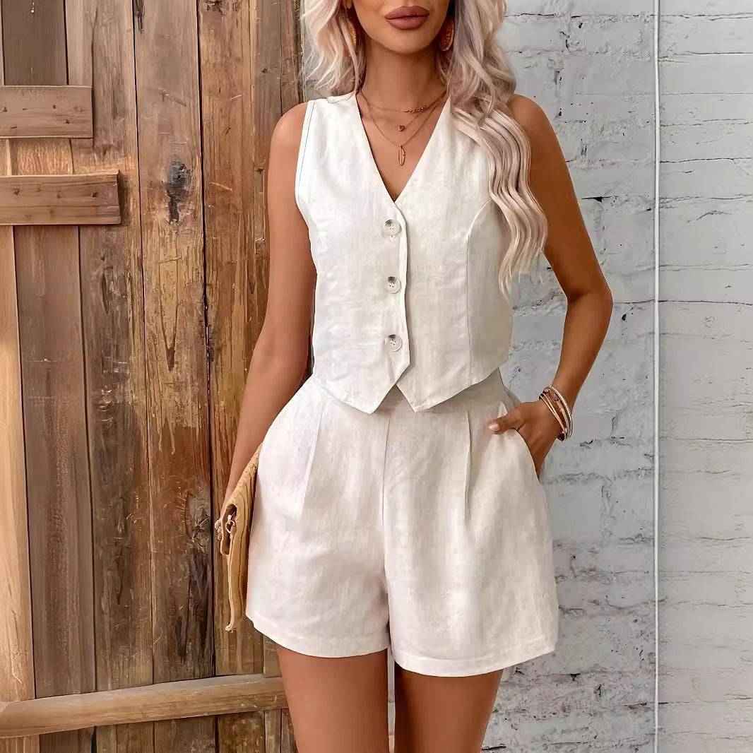 Women's Vest Sleeveless Shorts Set Cinch Style Solid Color Styled Casual Vest Shorts Set Women