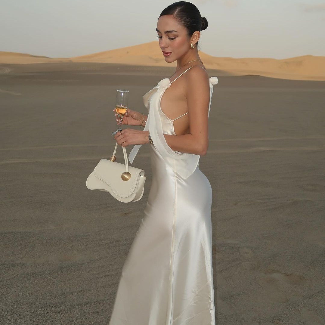 Backless Dress White Strappy Flower Decoration - Clothing Personality