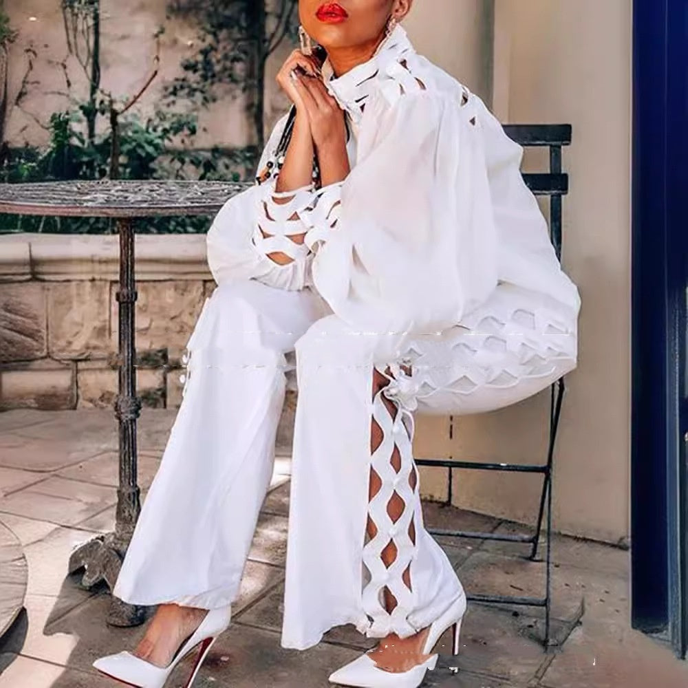 Women's Lattice Hollow Out All White Two-Piece Lace Shirt White Long Sleeve Solid Color Blouse And Pants - Clothing Personality