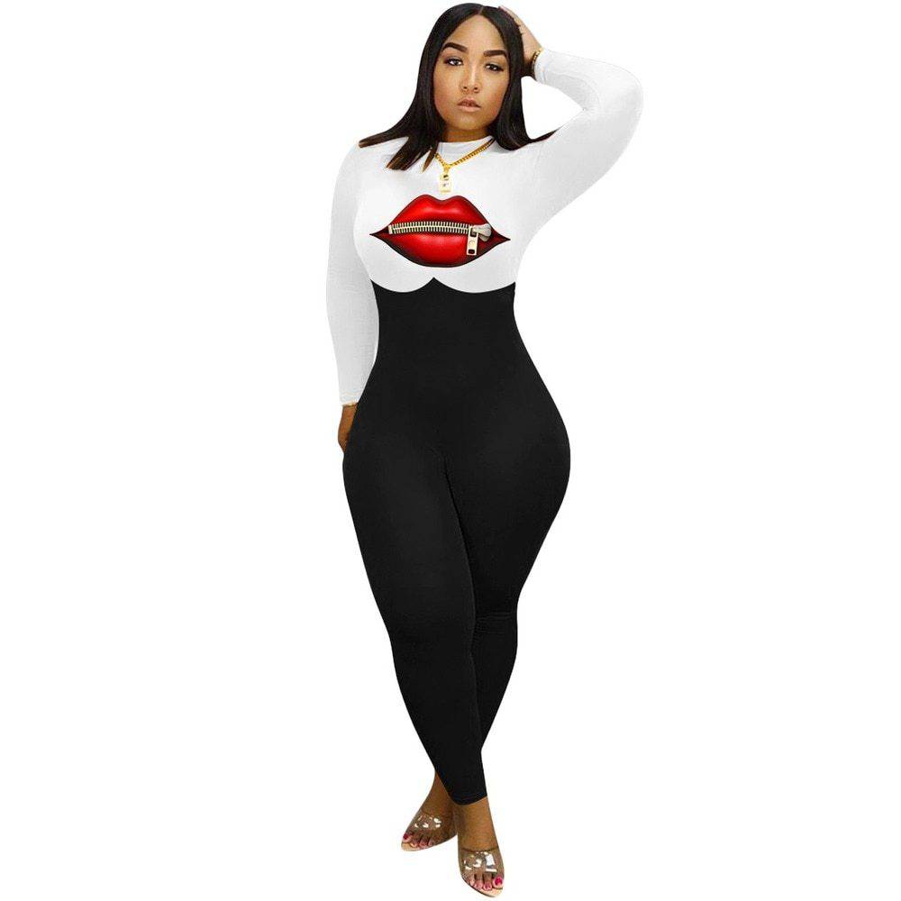 Women's Lip Print Casual Fitted Mid Waist Jumpsuit - Clothing Personality