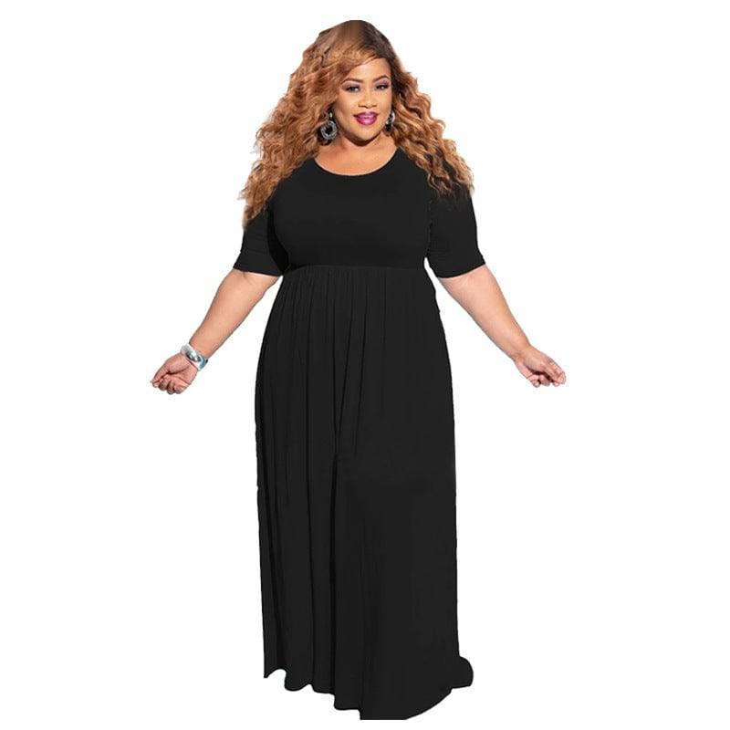 Net color pleated big swing short sleeve long large size dress - Clothing Personality