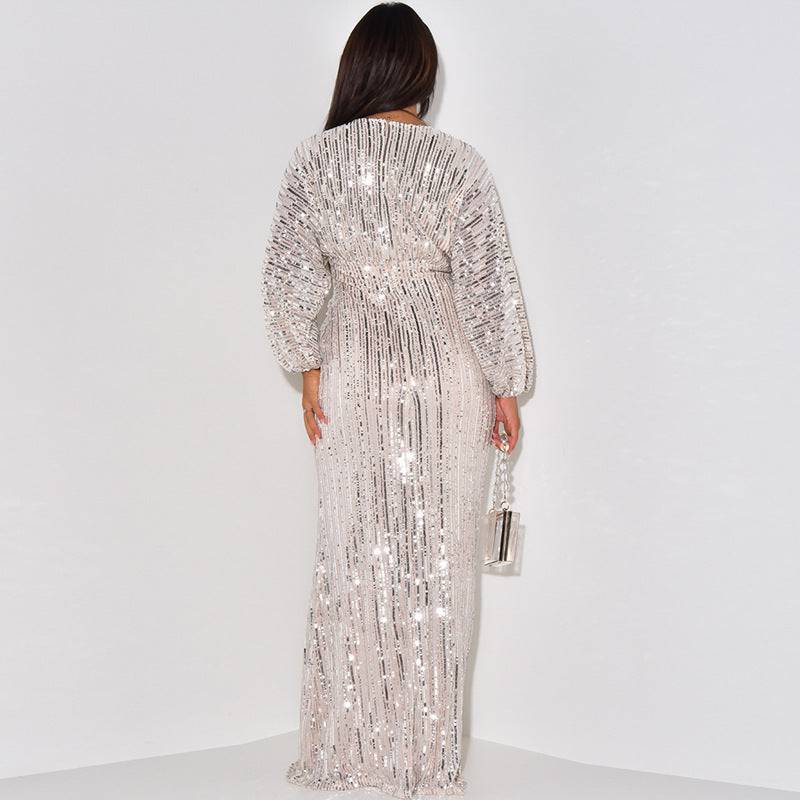 Exposed Sleeve Sexy Sequined Long Dress - Clothing Personality