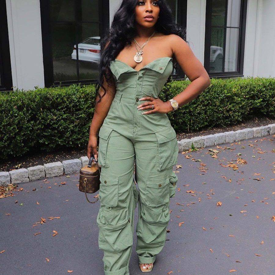 Single-breasted Multi-pocket Workwear Jumpsuit - Clothing Personality