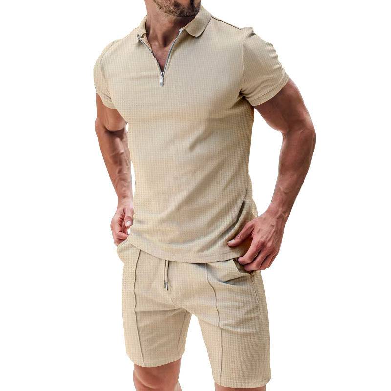 2Pcs Casual Waffle Suit Summer Zipper Lapel Short-sleeved Top And Drawstring Pockets Shorts Versatile Solid Color T-shirt Set For Mens Clothing Taupe