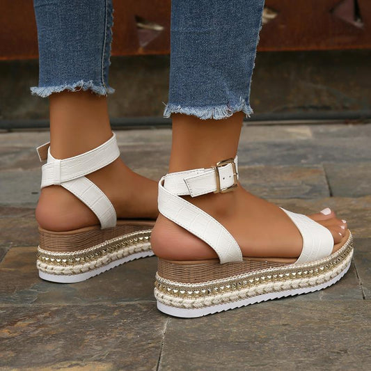 Summer Sandals Buckle Strap Hemp Wedges Platform Peep Toe Shoes Women - Clothing Personality