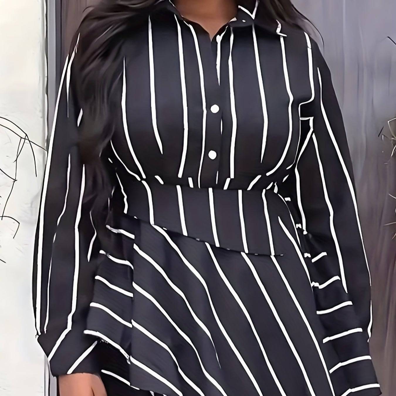 Women's Fashion Business Casual Plus Size Long Sleeve Striped Shirt - Clothing Personality