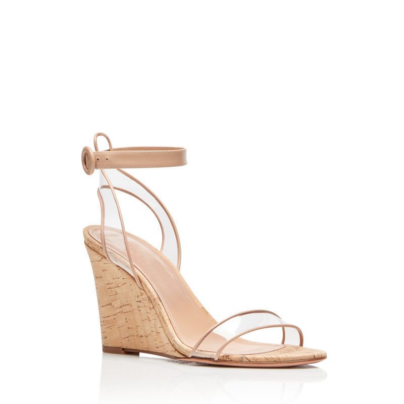 Women's Clear Strappy Fashion Wedge Heels Sandals PVC Wood Grain Wedges Women Shoes - Clothing Personality