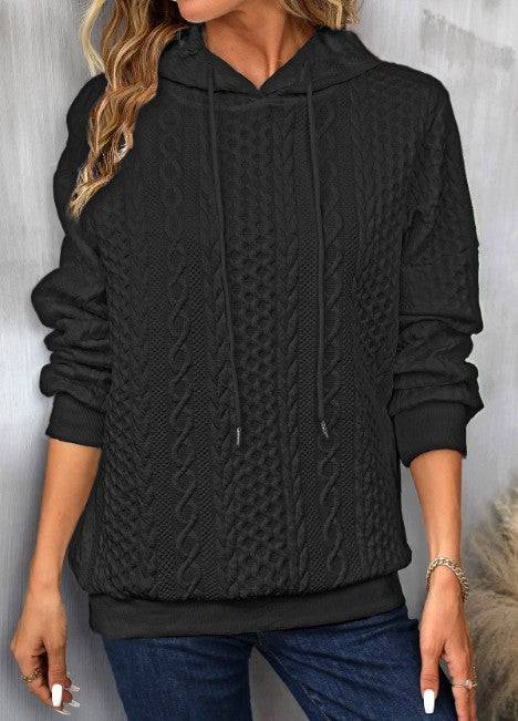 Plus Size Casual Jacquard Hooded Lace-up Long Sleeve Sweatshirt - Clothing Personality
