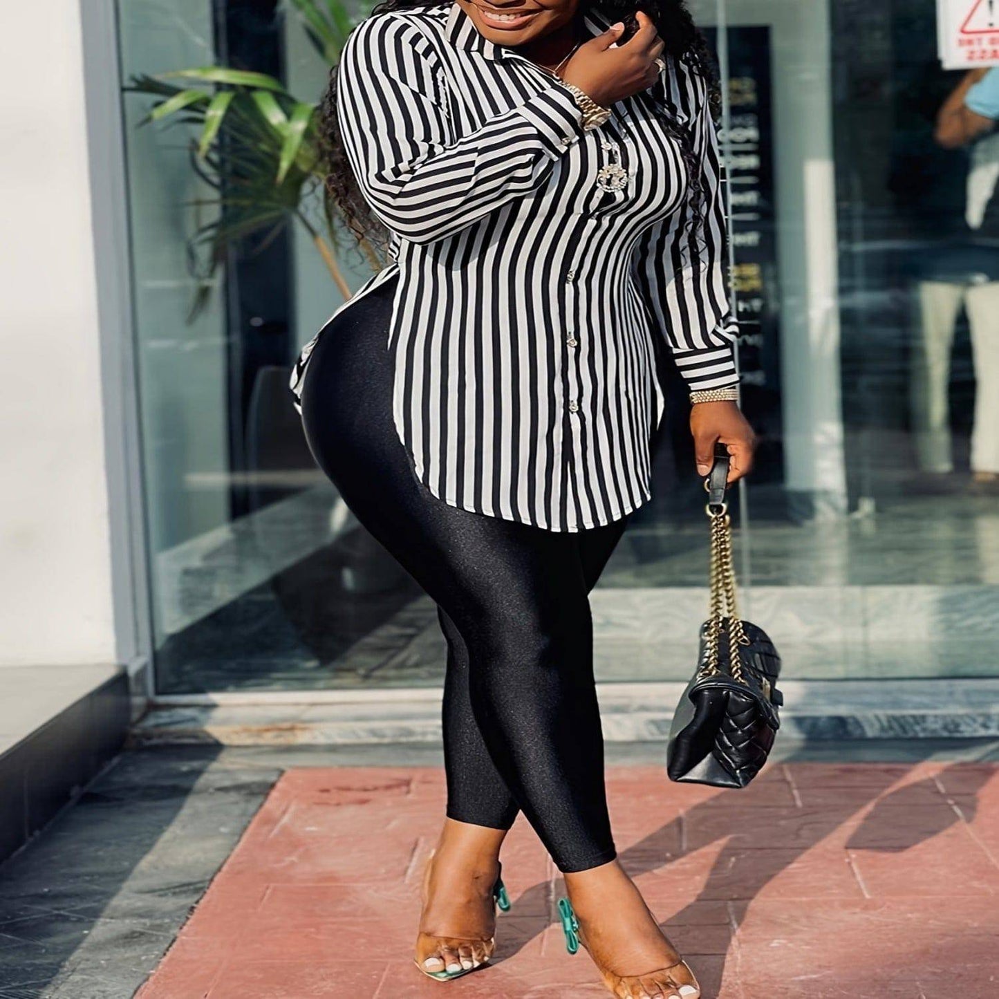Women's Plus Size Top Long Sleeve Striped Slit Shirt - Clothing Personality