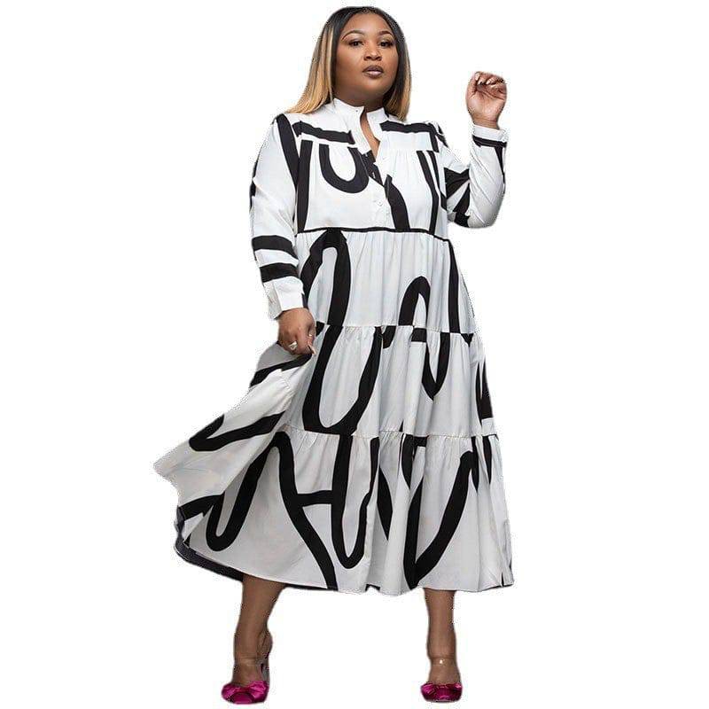 Ladies Printed Commuter Panel Shirt Plus Size Dress - Clothing Personality
