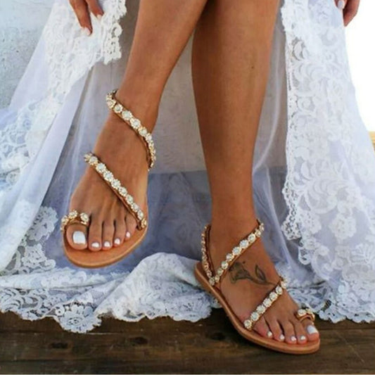 Women's Sandals Mules Boho Beach Shoes Rhinestone Lace Beading Flat Slippers - Clothing Personality