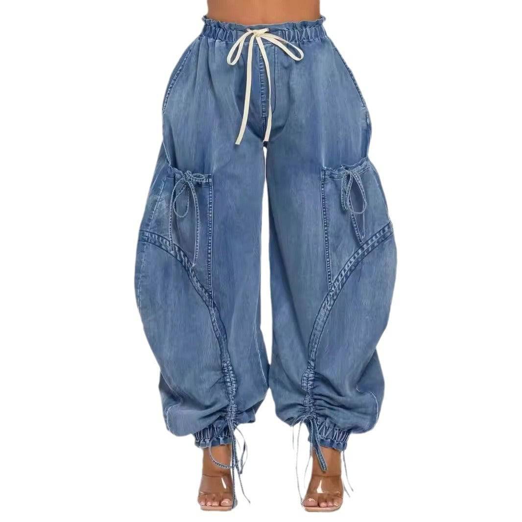 Rope Adjustable Elastic Waist Drawstring Lace-up Ankle-tied Bow Loose Jeans - Clothing Personality