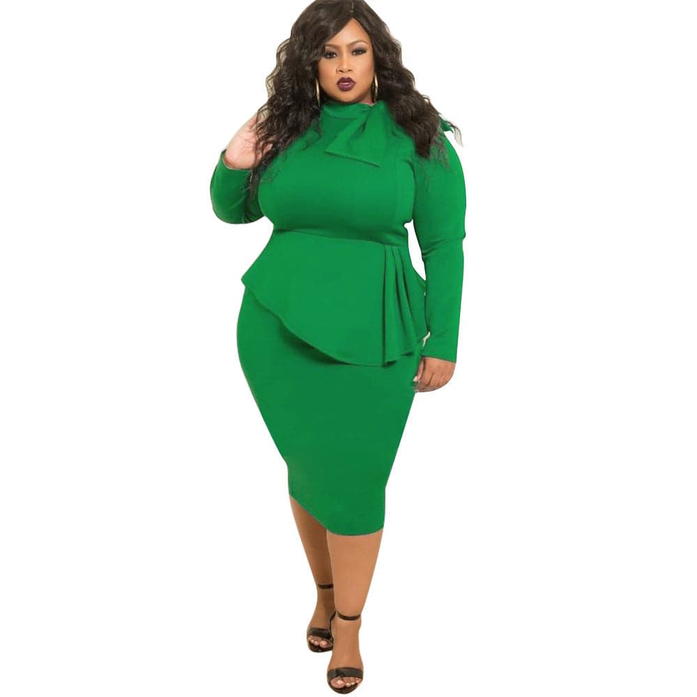 Women's Plus Size Bow Long Sleeve Dress - Clothing Personality