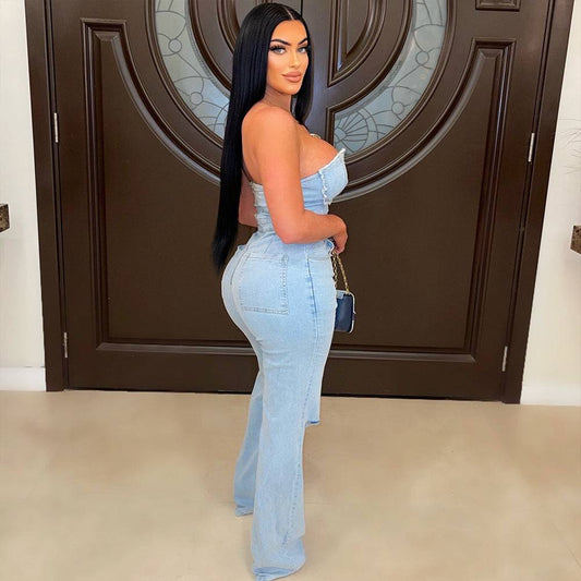 Women's V-Neck Denim With Hole Zip Pocket Jumpsuit - Clothing Personality