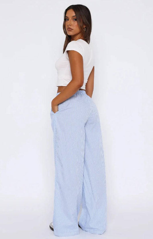 Women's Fashion Casual Striped Pants Trousers Striped Printed Wide Leg Trousers - Clothing Personality