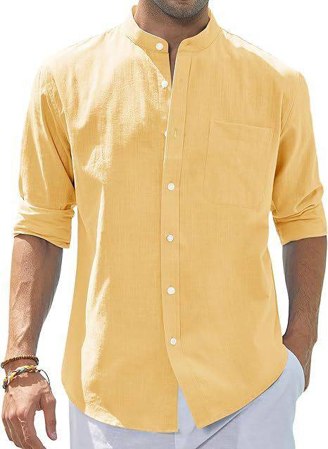 Men's Stand Collar Long Sleeve Solid Color Cotton Shirt - Clothing Personality