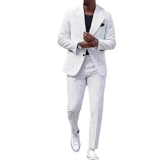 Men's Lightweight Luxury Linen Seersucker Blazer and Pants Set Slim Fit Straight Leg Business Casual Trousers Striped Suit