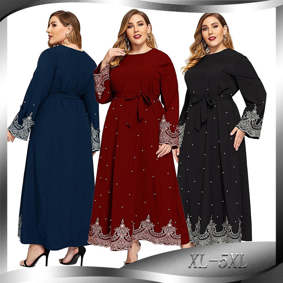 Embroidered Bead Long Sleeve Plus Size Women's Dress - Clothing Personality