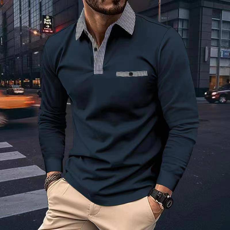 Leisure Plaid Lapel Polo Shirt Fashion Solid Color Long Sleeve Tops Men's Clothing - Clothing Personality
