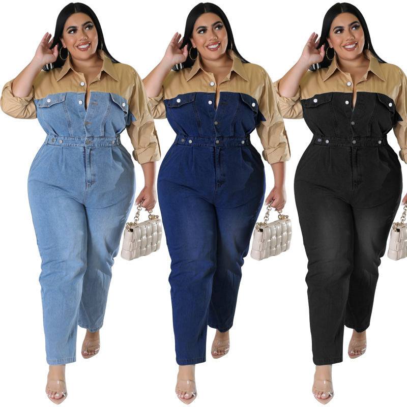 Plus Size Women's Color Block Dual Tone Long Sleeve Loose Fit Jumpsuit - Clothing Personality