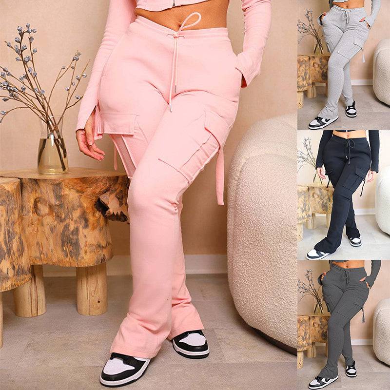 Cargo Pants With Pockets High Waist Drawstring Wide Leg Straight Trousers For Women Overalls - Clothing Personality