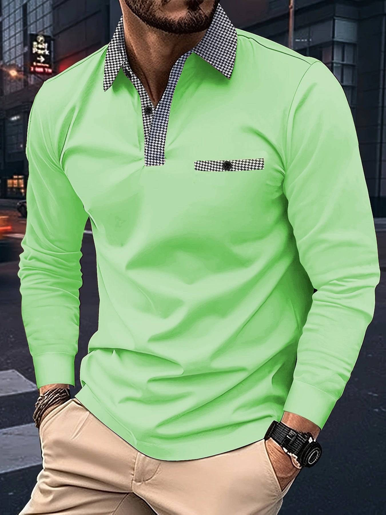 Leisure Plaid Lapel Polo Shirt Fashion Solid Color Long Sleeve Tops Men's Clothing - Clothing Personality