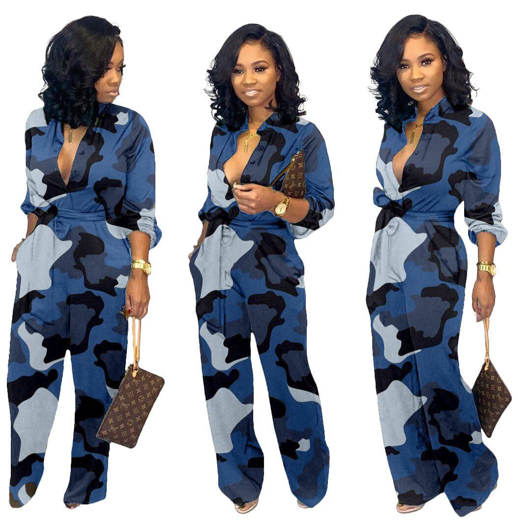 Women's Geometric Camo Print Wide Leg Pants Jumpsuit Camouflage Jumpsuit Romper - Clothing Personality