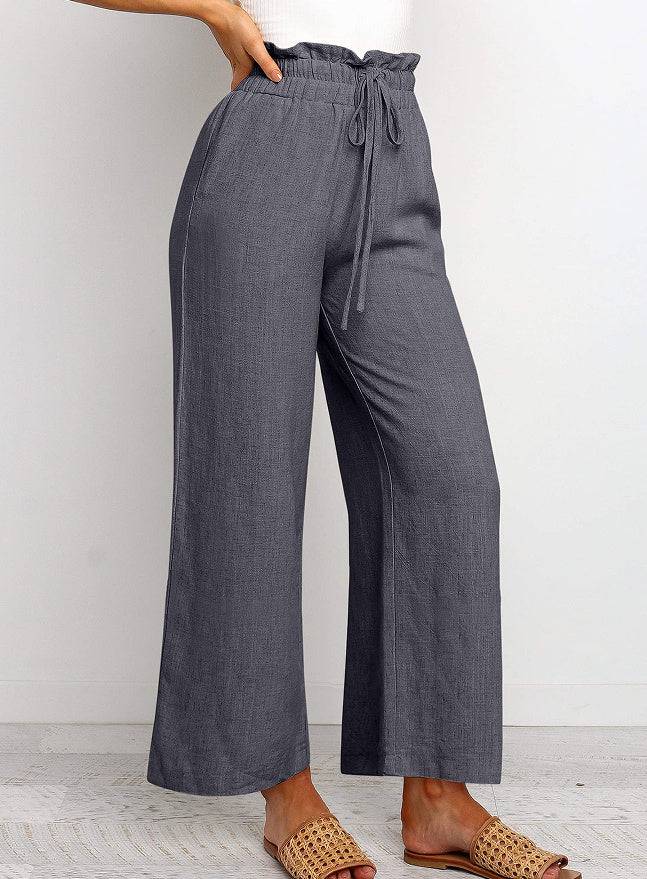 Elastic Waistband Lace-up Wide Leg Pants Solid Color Cropped Pants - Clothing Personality