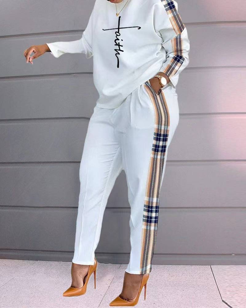 Women's Printed Heart Pants Set Long Sleeve Heart Message Loose-fitting Women's Casual Two-piece Suit - Clothing Personality