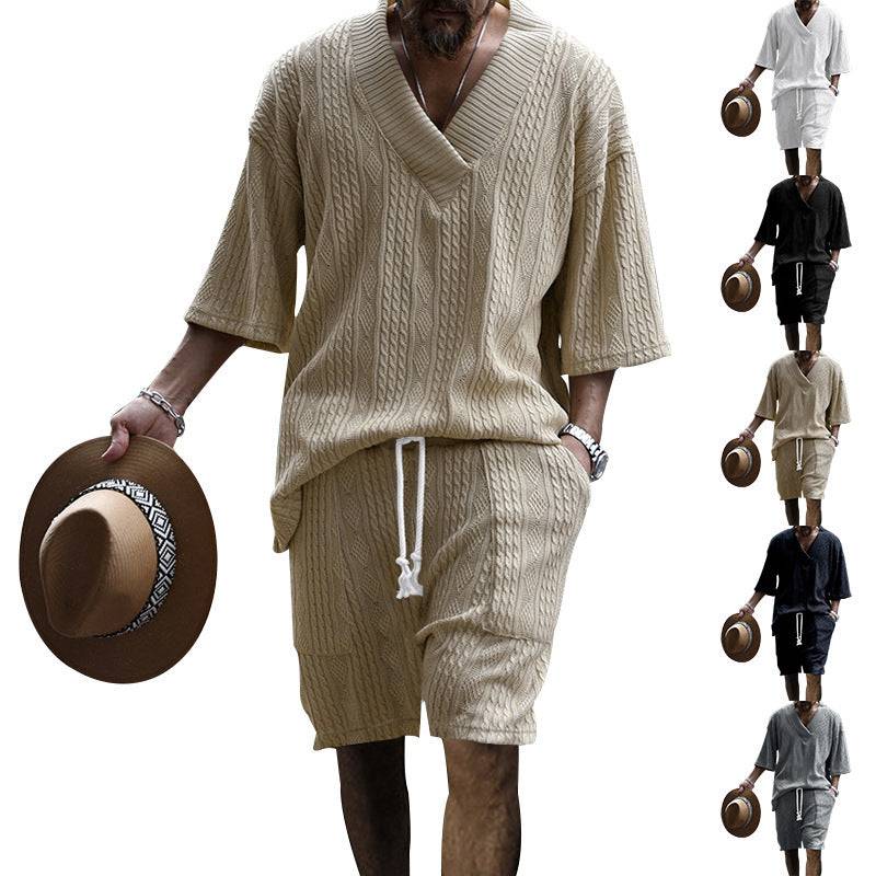 Casual Jacquard Suits Summer V-neck Short-sleeved T-shirt And Drawstring Pocket Shorts Fashion 2pcs Set Mens Clothing - Clothing Personality