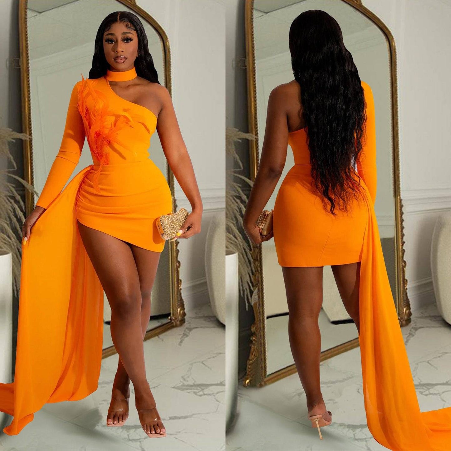 Women's Long Sleeve Sloping Asymmetric Hem One-Shoulder Mini Dress Bright Orange - Clothing Personality