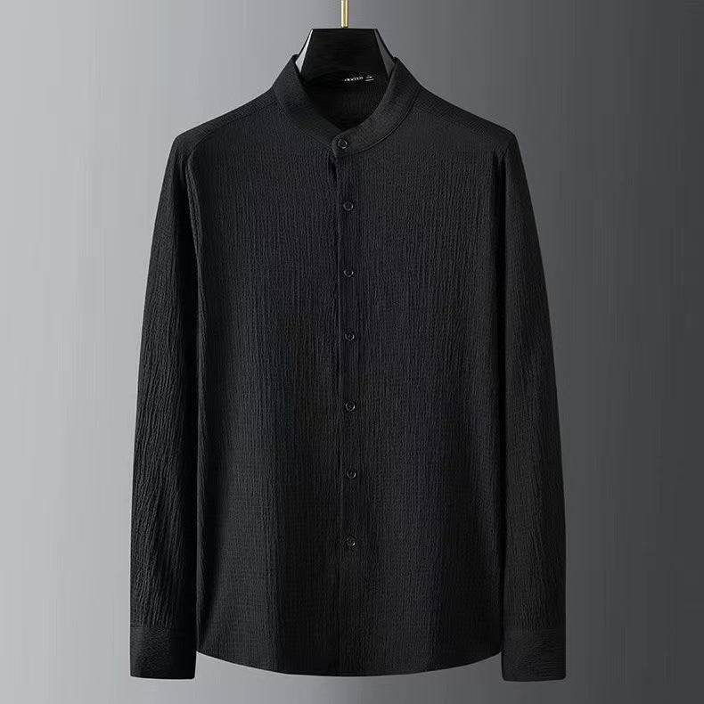 Casual Light Thin Suit Men's Summer Striped Pleated Stand Collar Men's Shirt Geometric - Clothing Personality