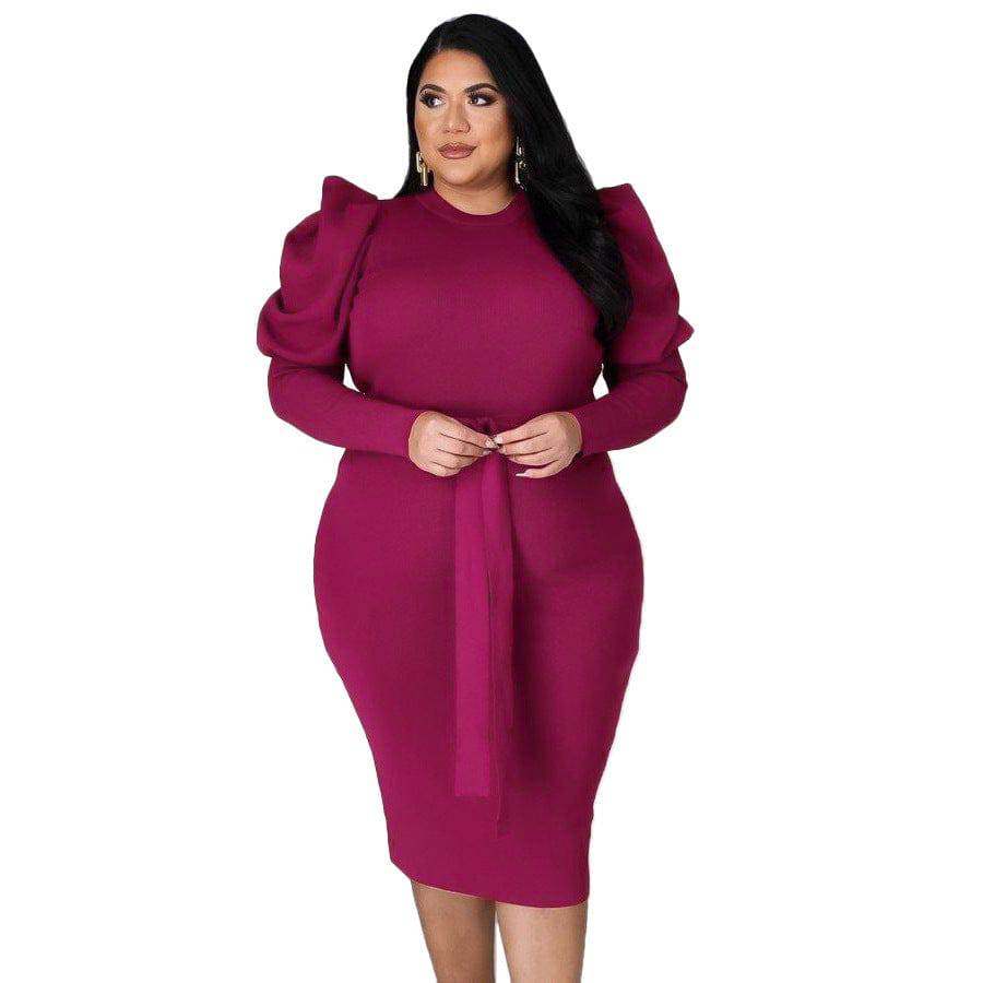 Women's Long Sleeve Belt Slim Fit Plus Size Dress - Clothing Personality
