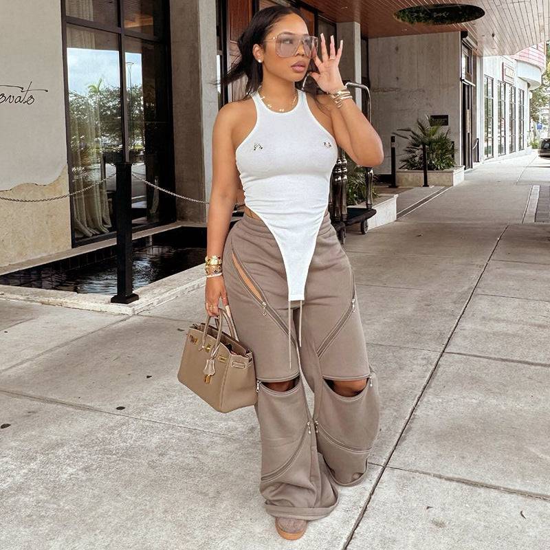Fashionable Multi-Zipper Pocket Hollow Out Loose Fit Pants Trousers For Women - Clothing Personality