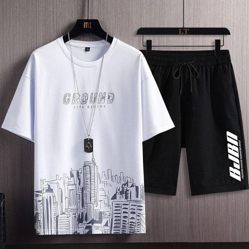Men's Fashion Printed Short-sleeved T-shirt Shorts Sports Two-piece Set - Clothing Personality