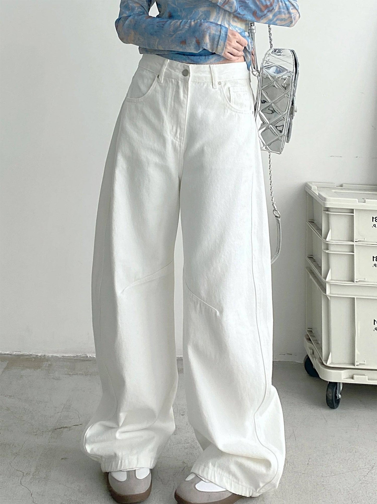 Retro Straight Solid White Jeans Women's Barrel Loose Wide-leg Pants - Clothing Personality