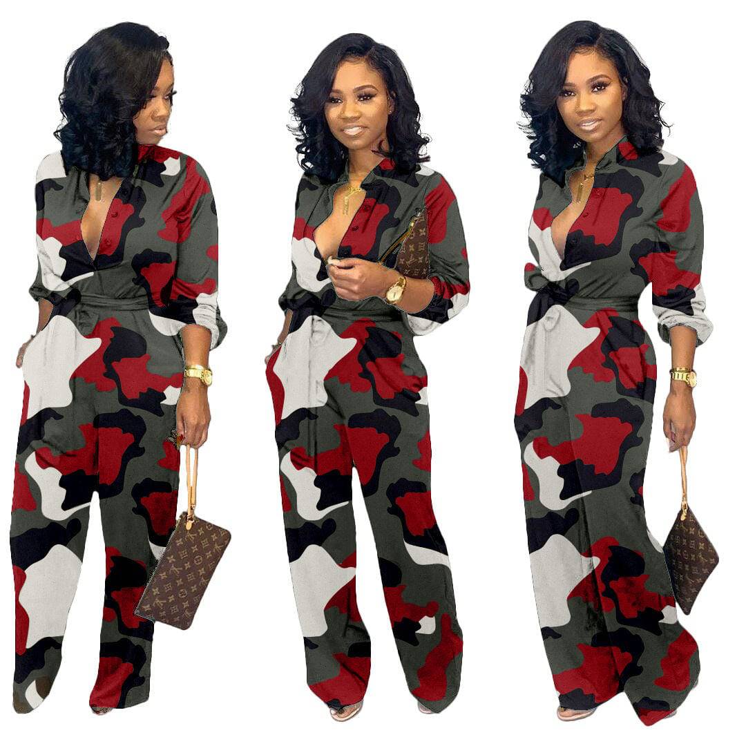 Women's Geometric Camo Print Wide Leg Pants Jumpsuit Camouflage Jumpsuit Romper - Clothing Personality