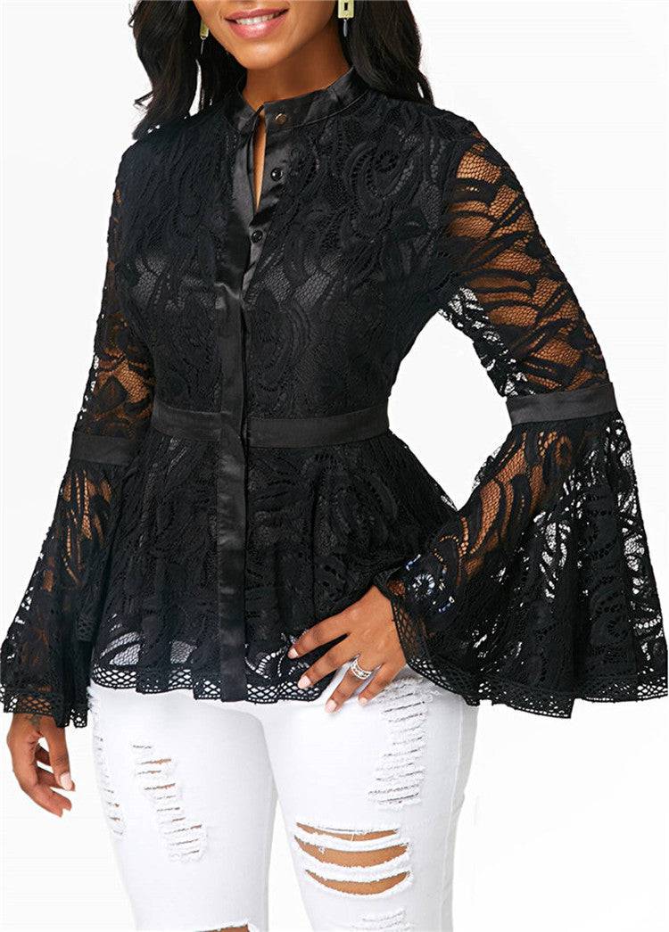 Women's Lace Blouse Long Sleeve Tops Casual Lady Clothes - Clothing Personality