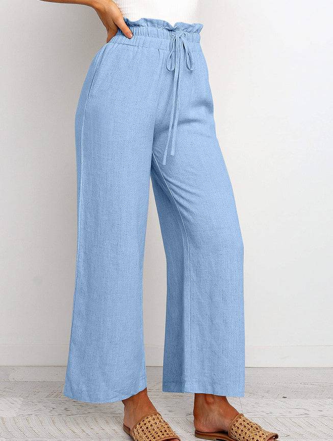 Elastic Waistband Lace-up Wide Leg Pants Solid Color Cropped Pants - Clothing Personality