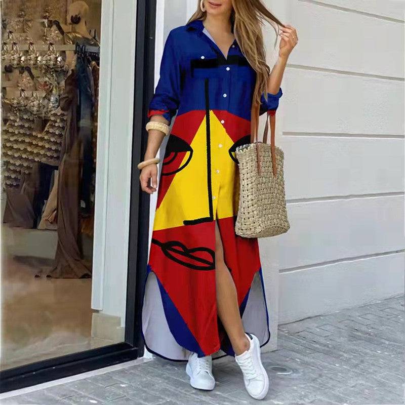 Womens Fashion Long Sleeve Printed Long Dress - Clothing Personality