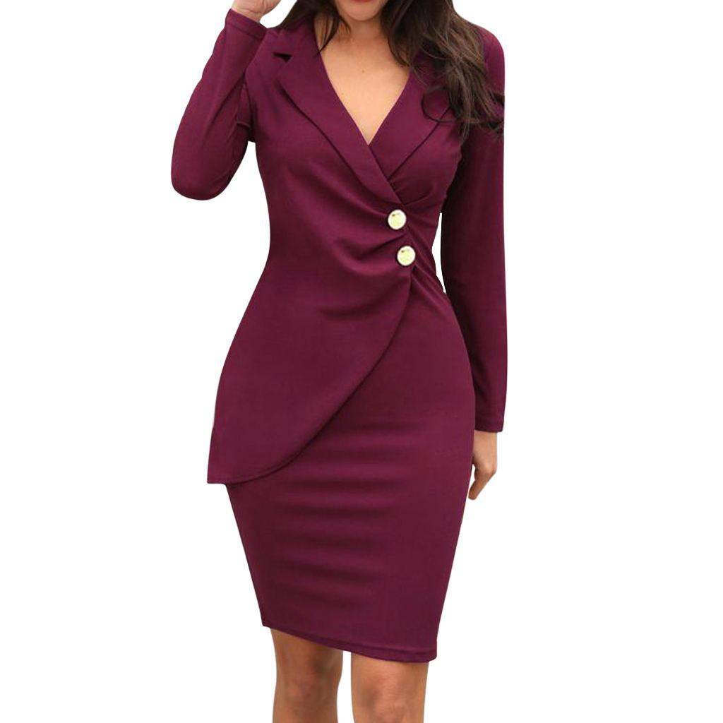 Long sleeve button hip dress - Clothing Personality
