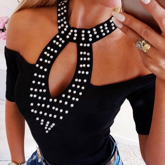 Women's Beaded Off-Shoulder Halter Top - Clothing Personality