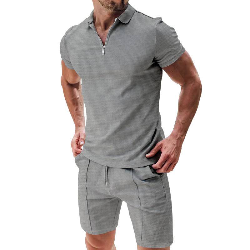 2Pcs Casual Waffle Suit Summer Zipper Lapel Short-sleeved Top And Drawstring Pockets Shorts Versatile Solid Color T-shirt Set For Mens Clothing Gray