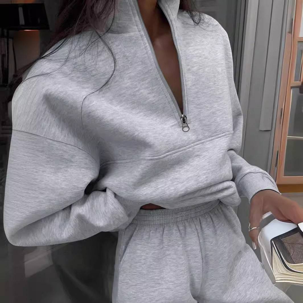 Zipper And Lapel Solid Color Casual Two-piece Suit - Clothing Personality