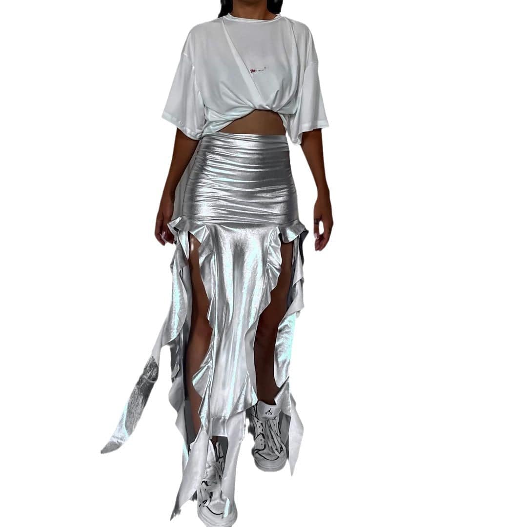 European And American Ribbon Tassel Reflective PU Fishtail Skirt Micro Elastic Irregular - Clothing Personality