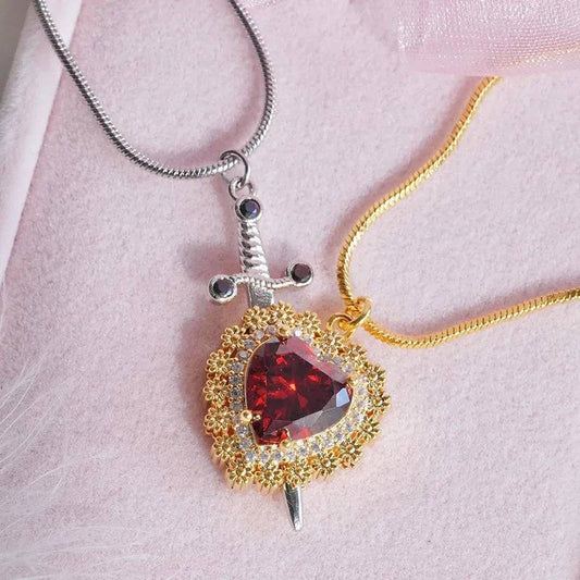 Gothic Punk One Arrow Through The Heart Creative Two Color Couple Necklace Red Rhinestone Heart Dagger Necklace Good Friend Gift Fashion Jewelry - Clothing Personality