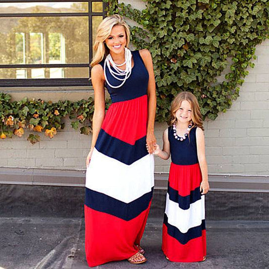 Women's and Child's Red Striped Sleeveless Maxi Dress Parent-Child Matching Outfit - Clothing Personality