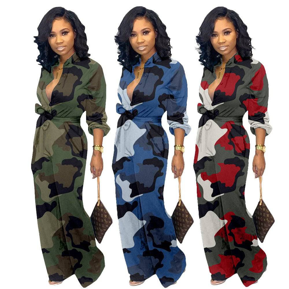 Women's Geometric Camo Print Wide Leg Pants Jumpsuit Camouflage Jumpsuit Romper - Clothing Personality