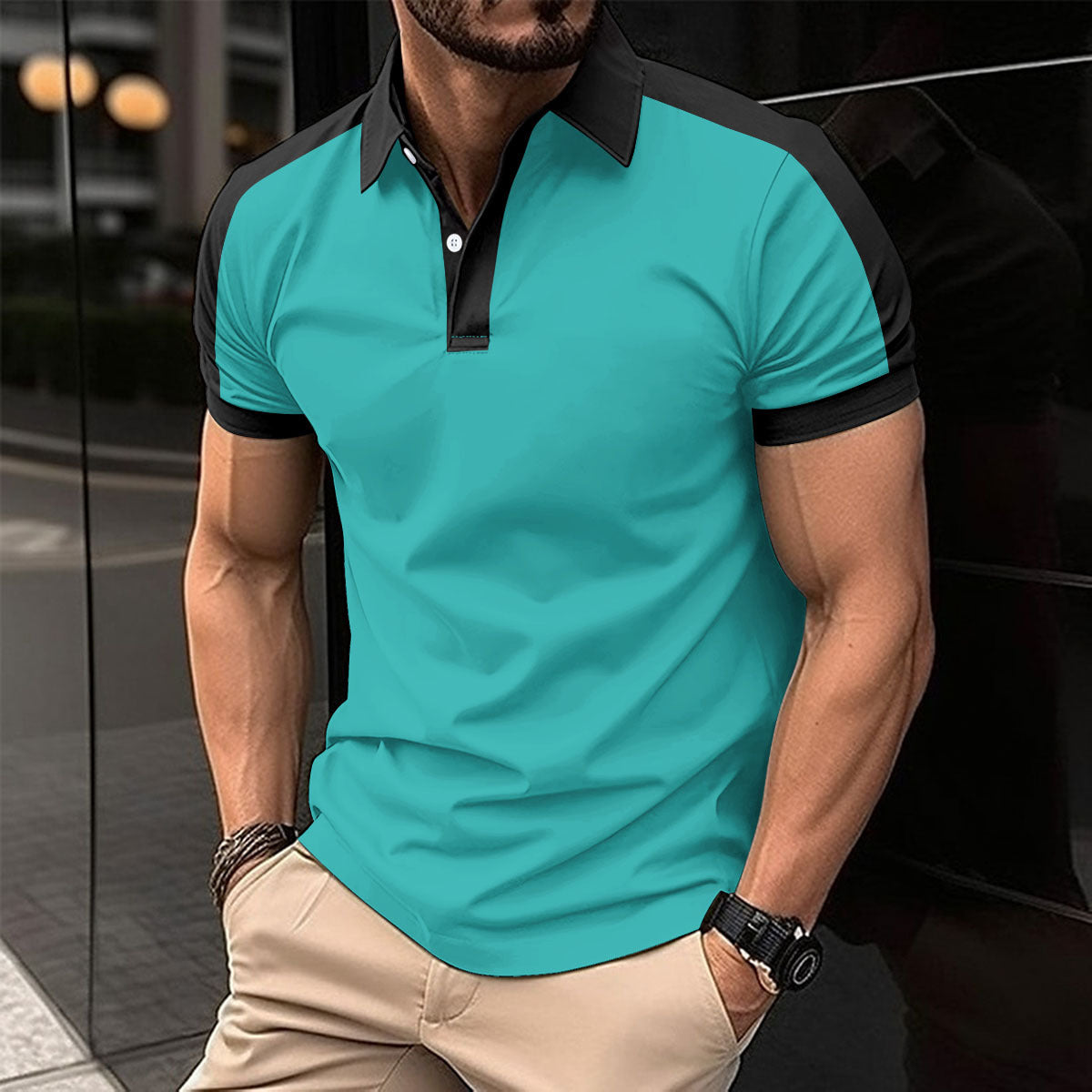 Men's Short Sleeve Business Shirt Summer Casual Polo Shirts Blue Teal